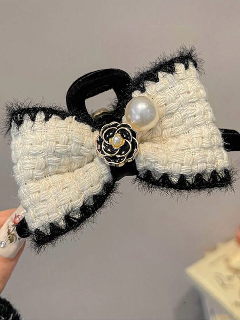 Elegant Cream Bow Hair Clip with Pearl and Floral Accent